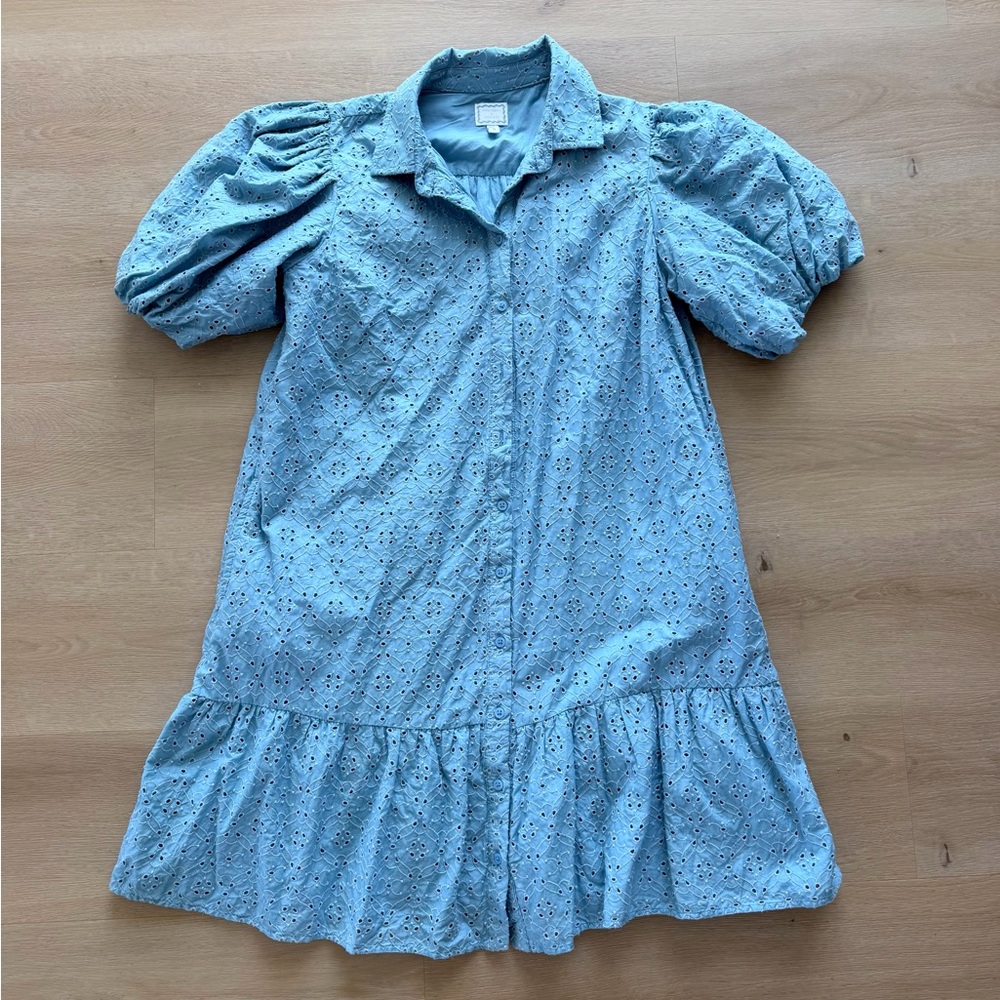 crown & ivy x Society Social Blue Eyelet Dress with Puff Sleeves